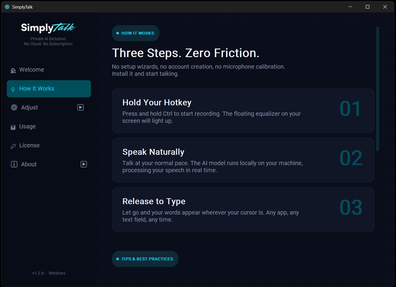 SimplyTalk three-step workflow: hold, speak, release